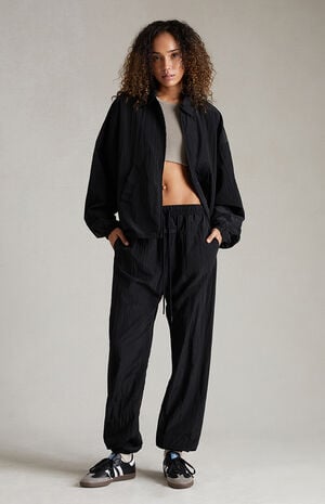 Women's Jet Black Crinkle Nylon Shell Bomber Jacket image number 6