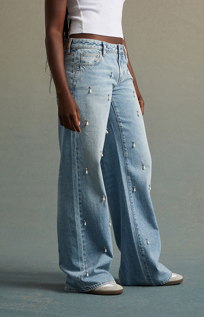 RARE DNM EDIT Light Indigo Pearl & Rhinestone Low Rise Baggy