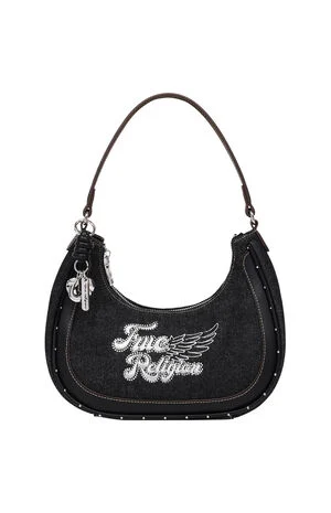 Black Wing Motif Denim Hobo Bag image number 1