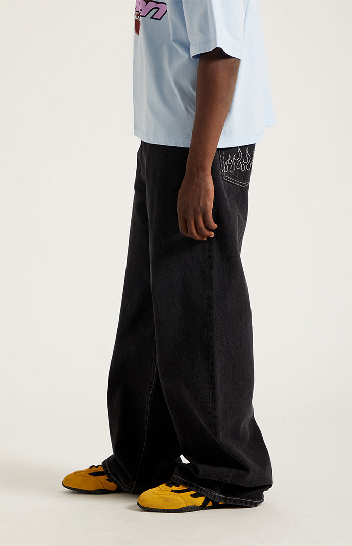 Pacsun Blake Extreme Baggy Jeans Embroidered Flames Washed Black