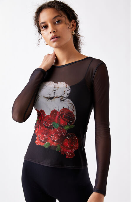 Graphic Print Mesh Top