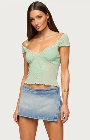Shoulder Tie Lacey Sheer Mesh Top image number 1