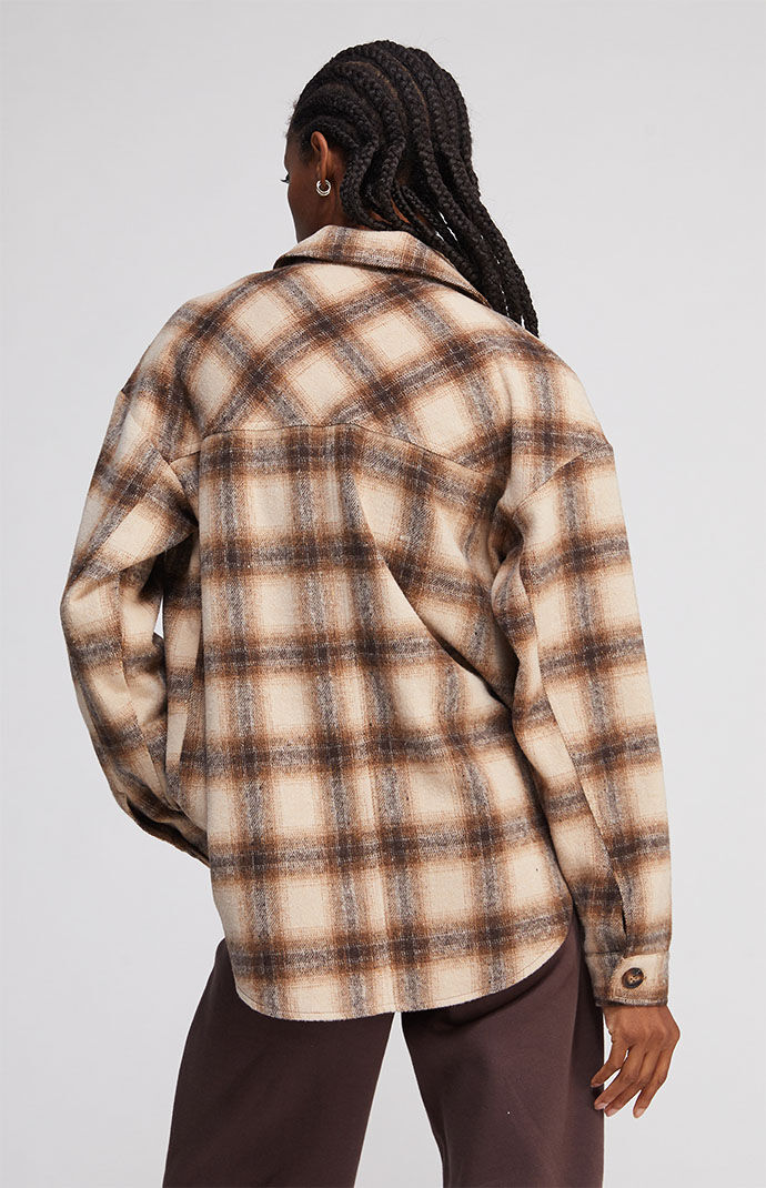 Women's Brown Oversized Plaid Shacket - Size M/L
