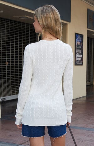 White V-Neck Cable Knit Sweater White V-Neck Cable Knit Sweater image number 3