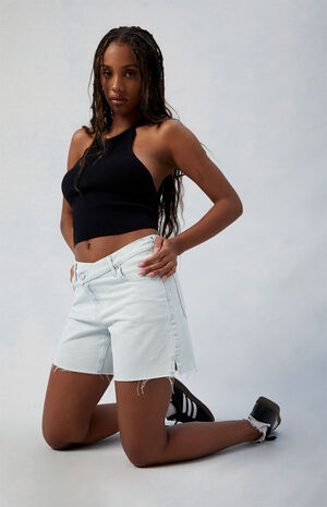 Eco Light Indigo Asymmetrical High Waisted Relaxed Jorts image number 4