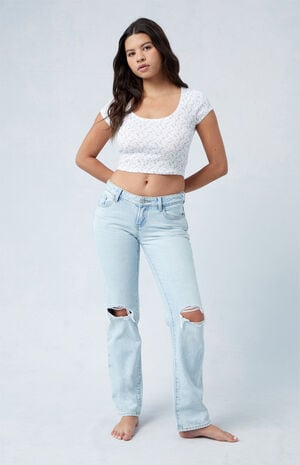 Eco Light Blue Ripped Knee Low Rise Straight Leg Jeans image number 4