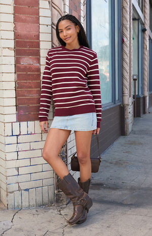 Burgundy Thin Stripe Crew Neck Sweater image number 4