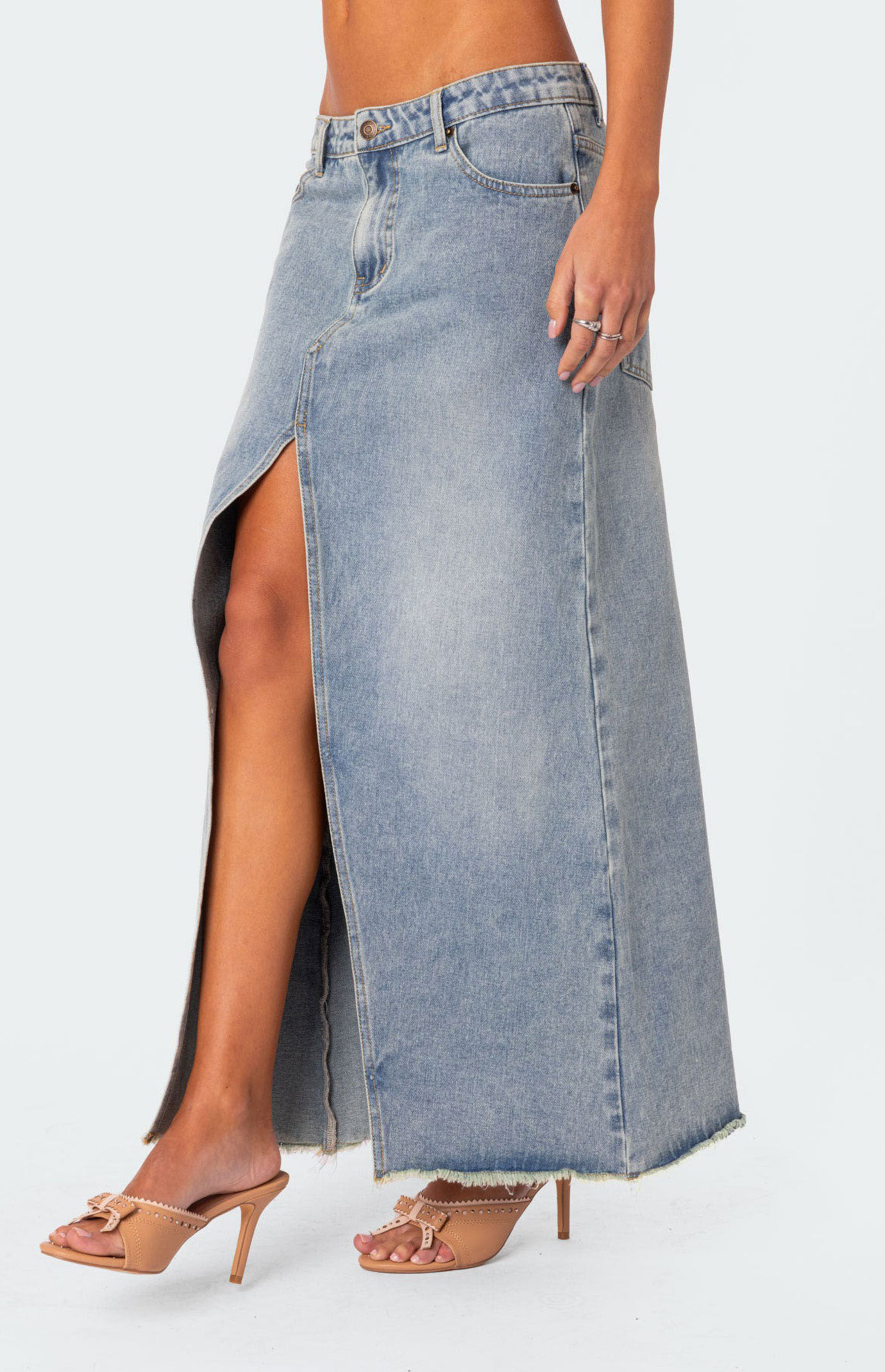Edikted Front Slit Washed Denim Maxi Skirt | PacSun