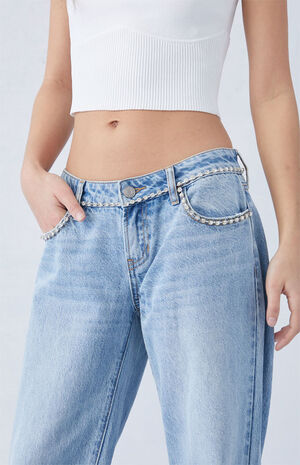 Light Indigo Rhinestone Low Rise Wide Leg Jeans image number 3