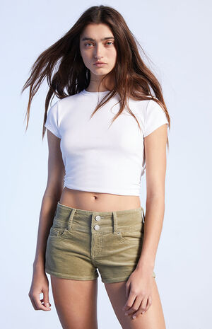 Green Corduroy Stretch Low Rise Shorts image number 2