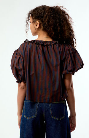 Striped Puff Sleeve Button Up Top image number 4