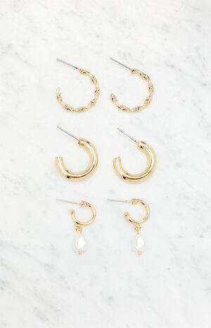 3 Pack Dainty Pearl Hoop Earrings image number 1