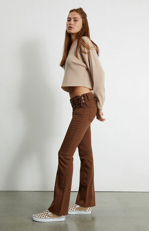 Brown Lace-Up Low Rise Bootcut Jeans image number 5
