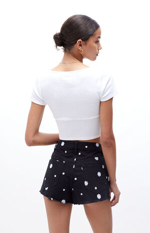 Eco Daisy Embroidered High Waisted Denim Festival Shorts image number 4