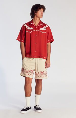 Tan Embroidered Mesh Basketball Shorts image number 6