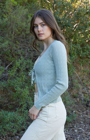 Pale Green Greta Pointelle Tie Front Top image number 2