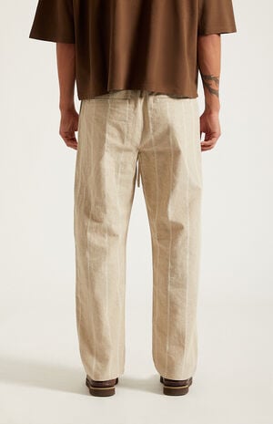 Cream Striped Straight Leg Linen Pants image number 3