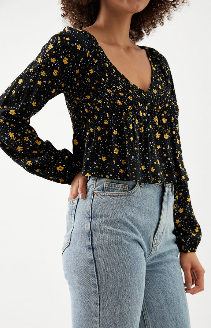 Long Sleeve V-Neck Smocked Babydoll Top