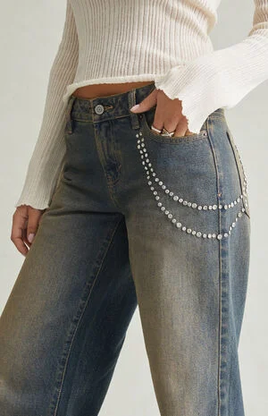 Casey Low Rise Baggy Jeans Rhinestone Chain Tinted Blue image number 5