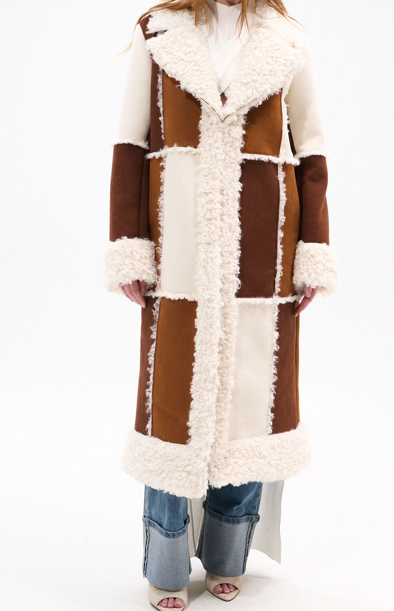 AZALEA WANG Telluride Tan Faux Fur Patchwork Shearling Coat