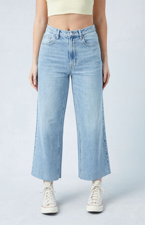 Eco Light Indigo Raw Cut Cropped Wide Leg Jeans image number 1