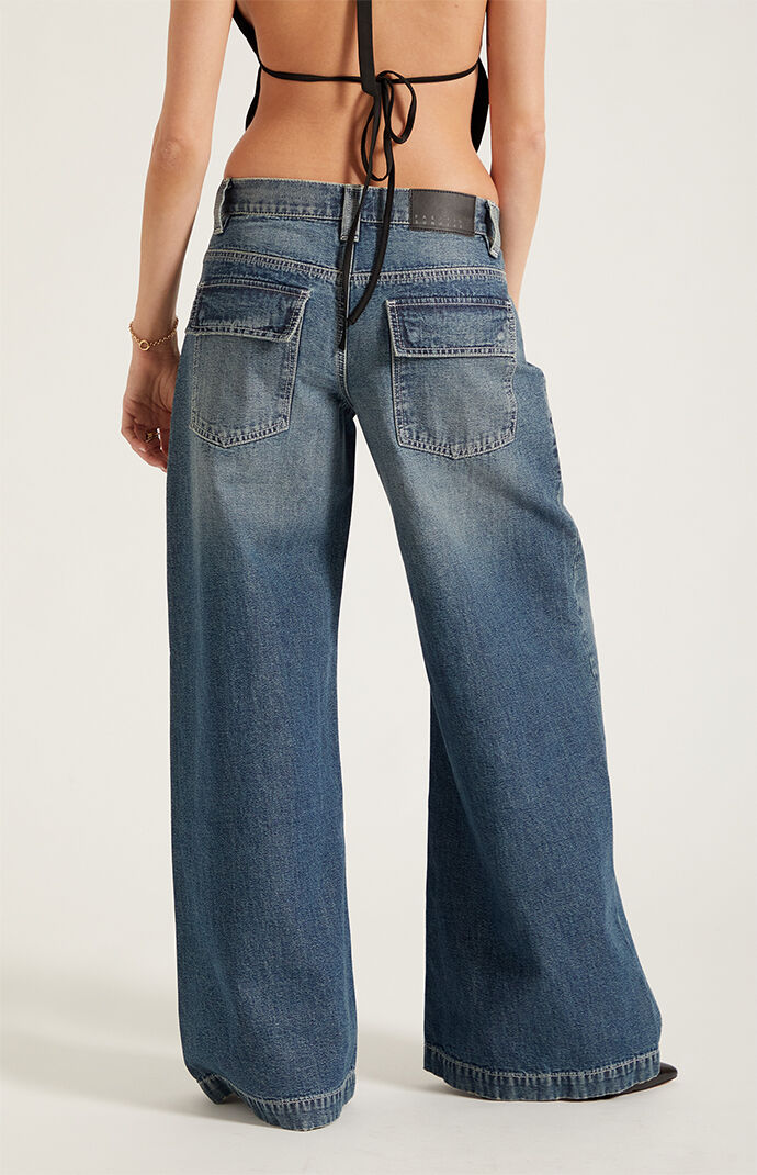 Pacsun Sloane Low Rise Ultra Baggy Jeans Snap-Button Pocket Medium Blue