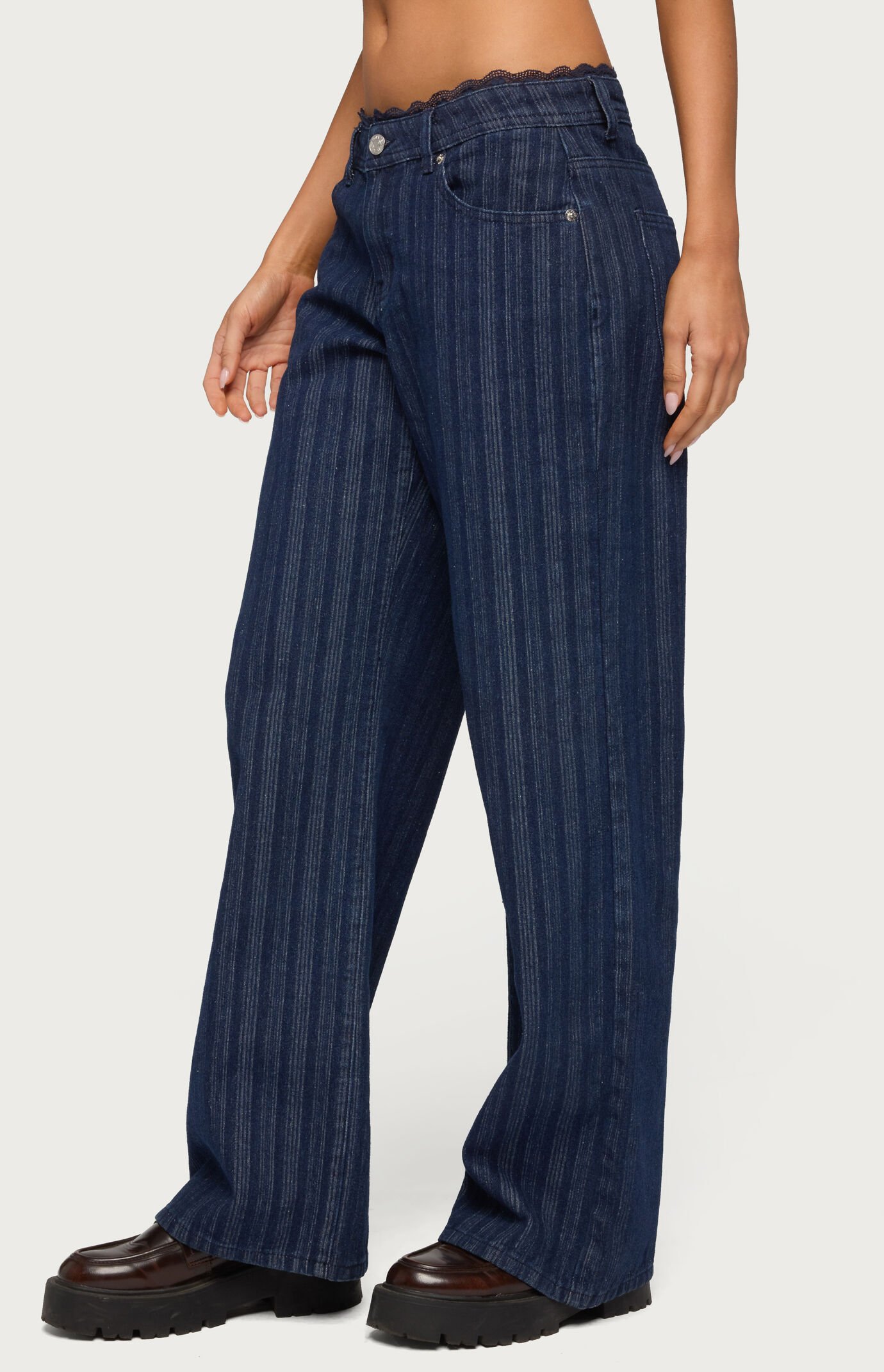 Edikted Lace Trim Striped Low Rise Baggy Jeans