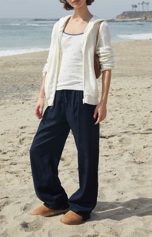 White Cable Knit Zip Up Hooded Sweater image number 4