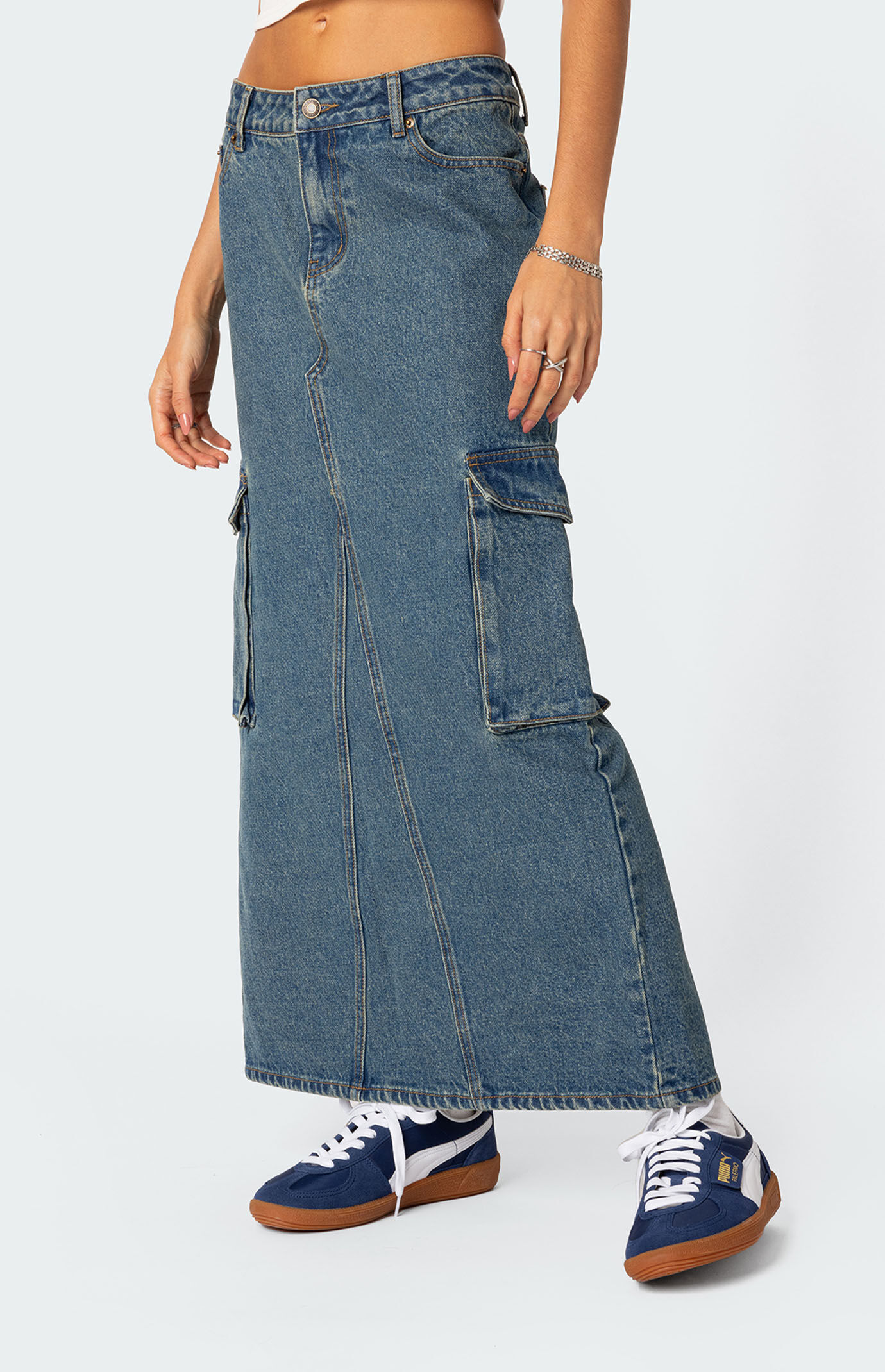【HI FI FNK】Shadow Back Pocket Maxi Denim Amazon.com: yk8fass Denim Skirt with high Slit de-0955 (S