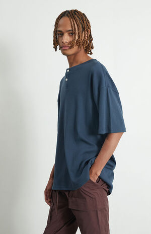 Navy Ribbed Boxy Henley T-Shirt image number 3