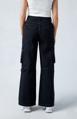 Black High Waisted Wide Leg Cargo Pants image number 5