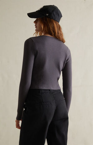 Waffle Knit Notched Neck Long Sleeve Top image number 8