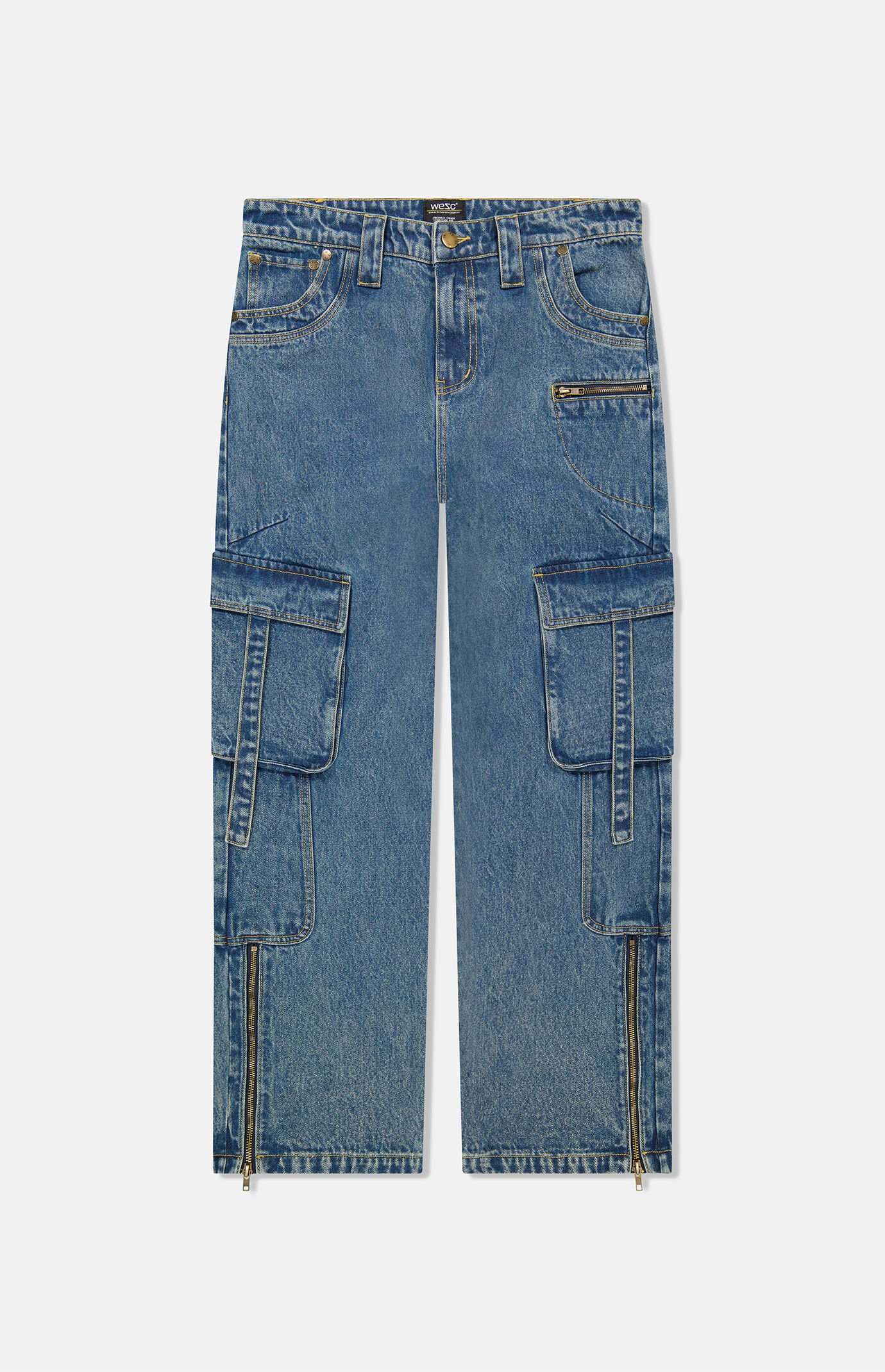 WeSC Medium Blue Baggy Denim Zipper Cargo Pants