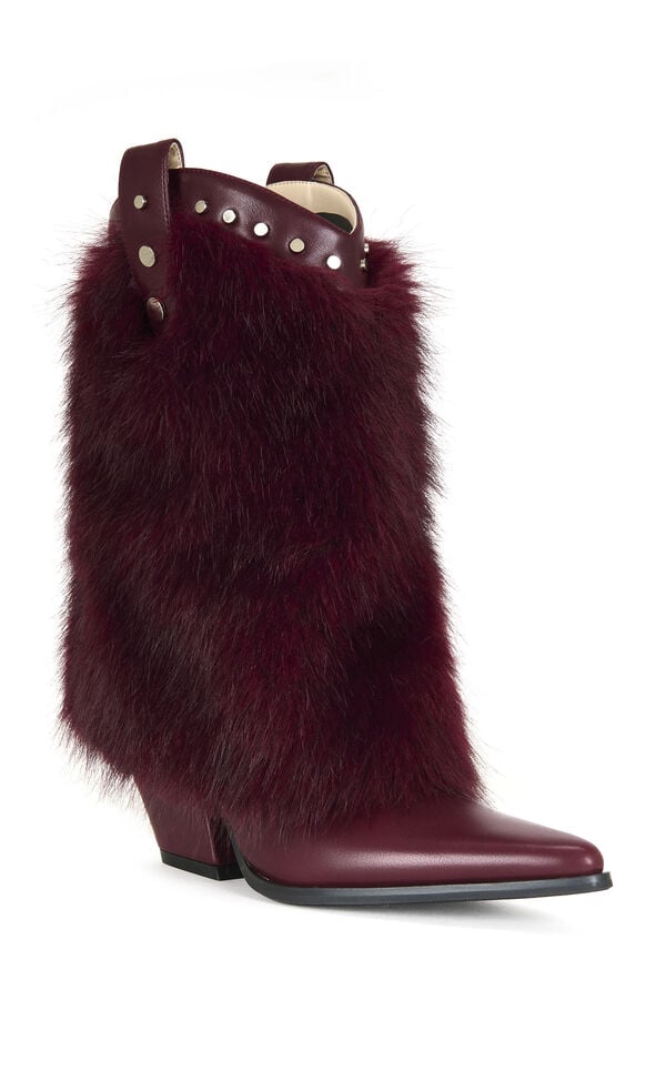 AZALEA WANG Women's Violetta Burgundy Faux Fur Western Booties