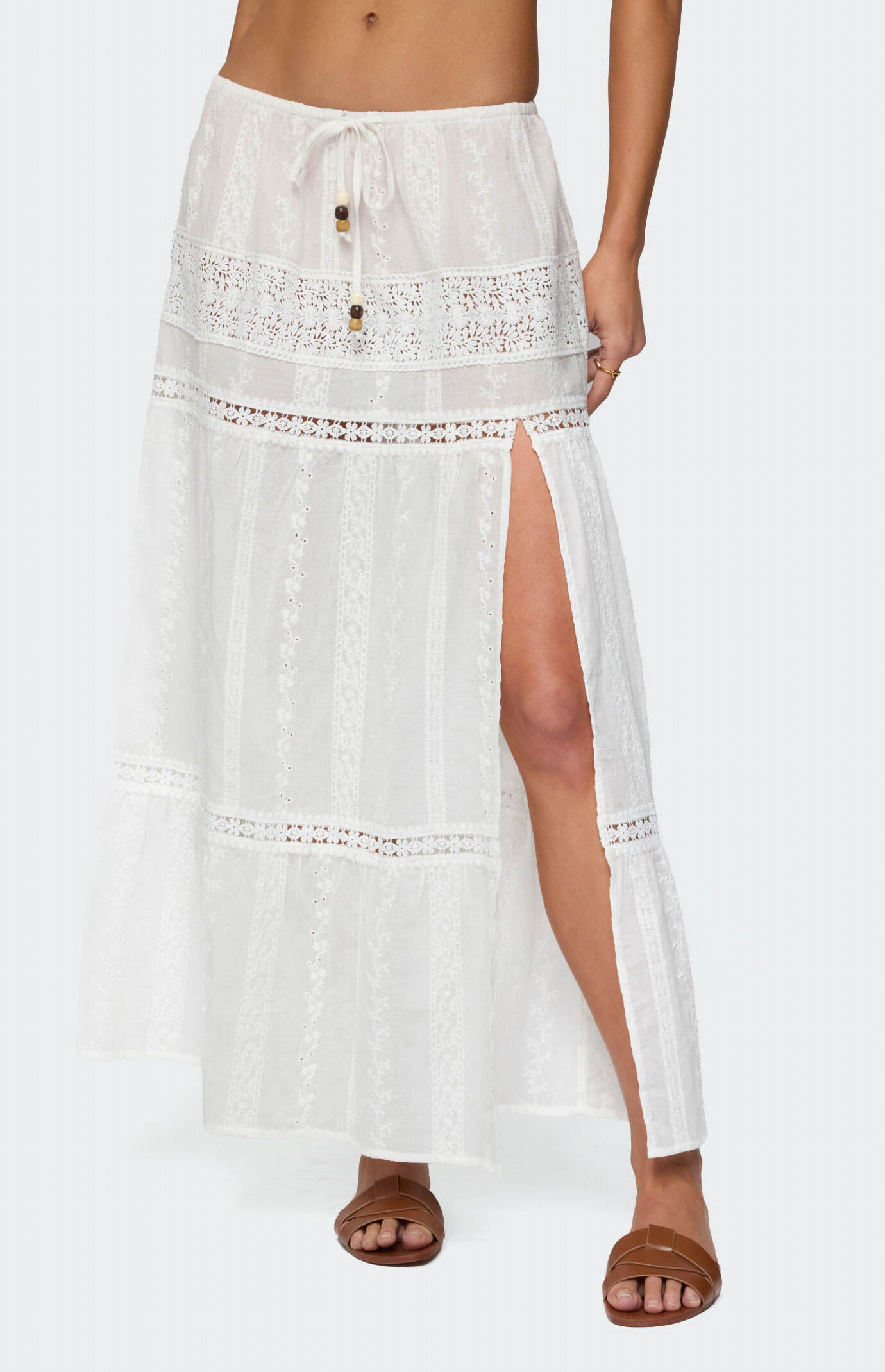 Edikted Embroidered Cotton Lace Slit Maxi Skirt
