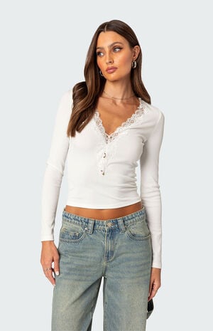 Madeline Lace Trim Ribbed Top image number 5