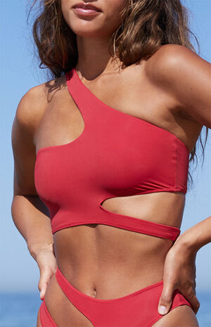 Burgundy Cutout One Shoulder Bikini Top image number 2