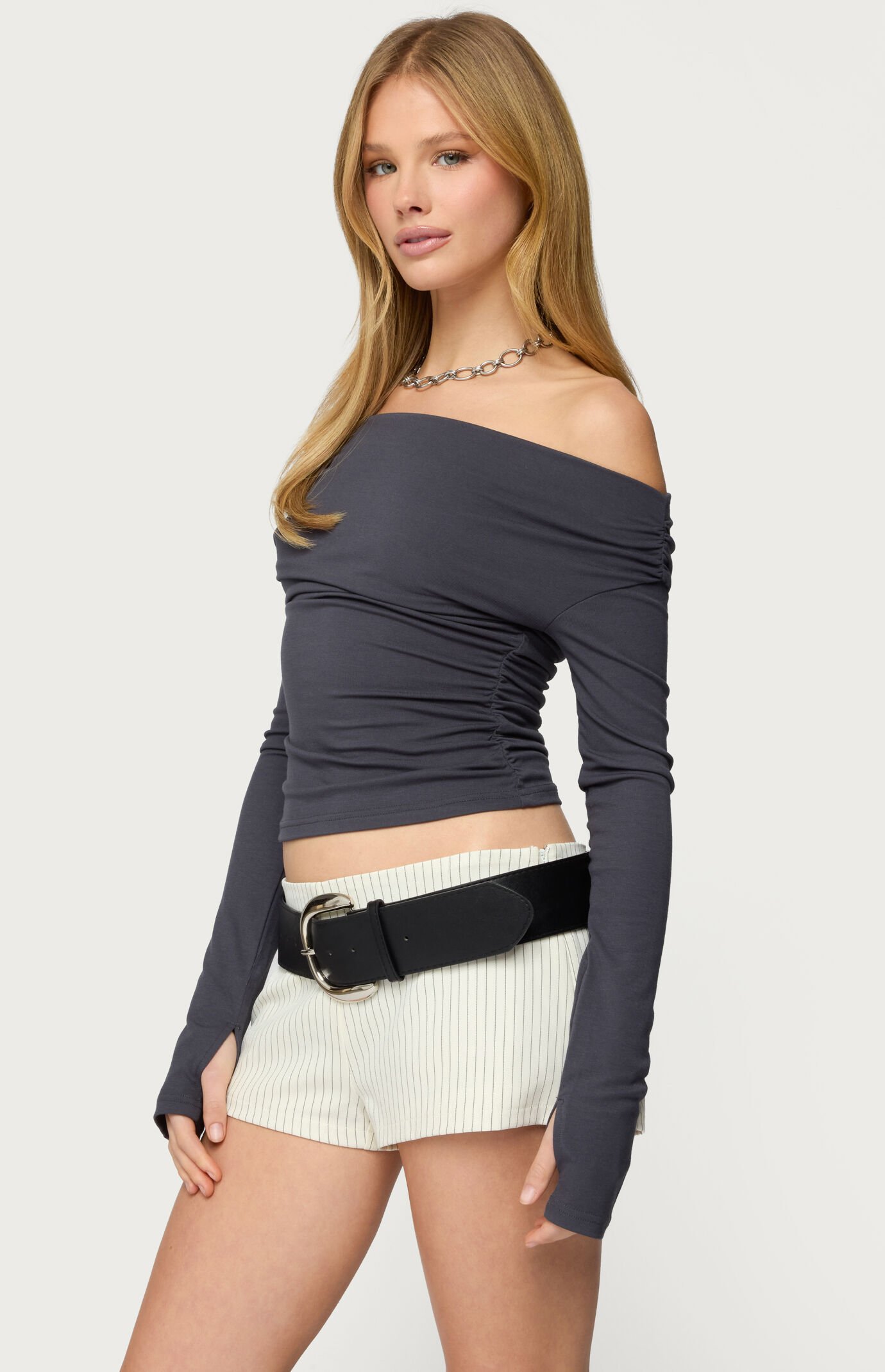 Edikted Milane Ruched Off Shoulder Ribbed Top