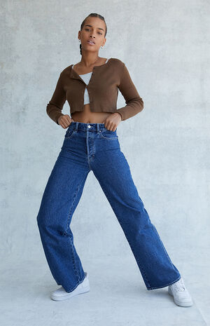 Eco Dark Blue High Waisted Baggy Jeans image number 6