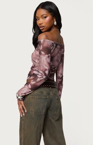 Off Shoulder Printed Sheer Mesh Top image number 3