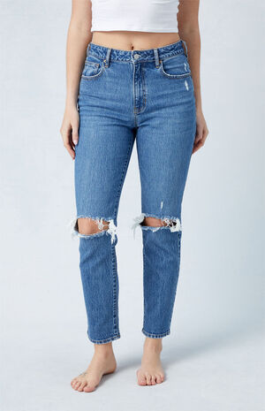 Eco Stretch Dark Indigo Ripped Mom Jeans image number 2