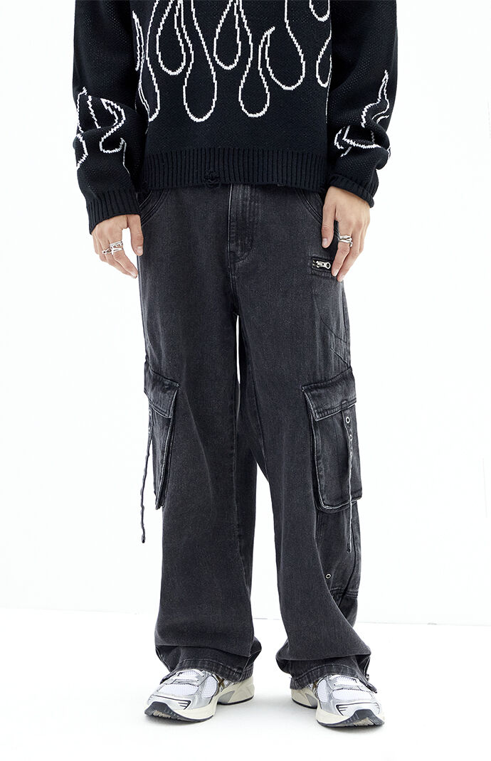 PacSun Black Wash Baggy Cargo Zip Jeans | PacSun