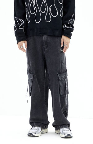Black Wash Baggy Cargo Zip Jeans image number 3