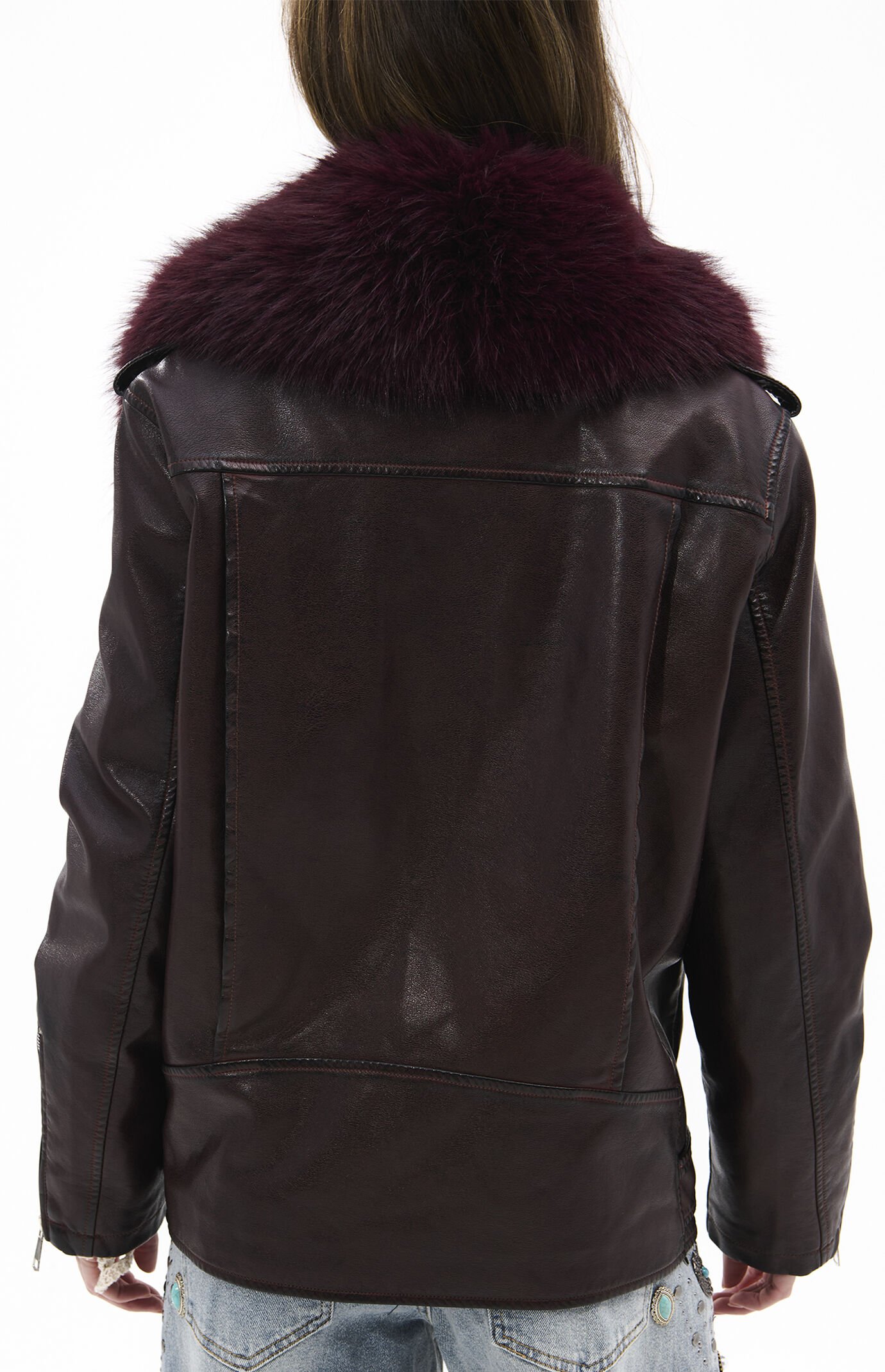 AZALEA WANG Aurelia Burgundy Faux Leather & Fur Moto Jacket
