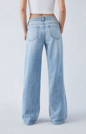 Light Indigo Rhinestone Low Rise Wide Leg Jeans image number 5