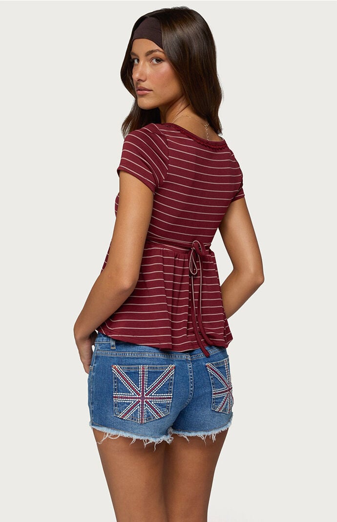 Edikted Jina Lacey Striped Babydoll Henley Top