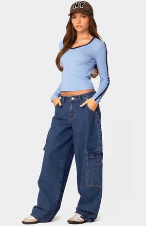 Contrast V Neck Long Sleeve T-Shirt image number 5