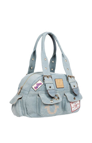 Blue Denim Multi Patch Satchel Bag image number 2