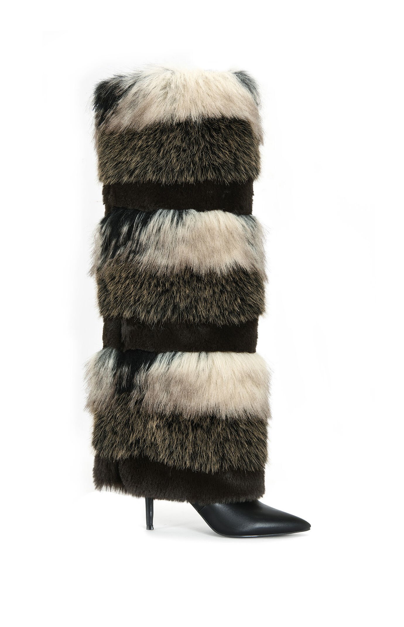 AZALEA WANG Langlau Brown Colorblock Faux Fur Stiletto Boots