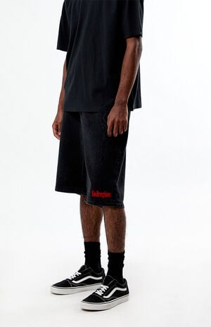 Cyber Core Regime Washed Black Baggy Denim Shorts image number 3